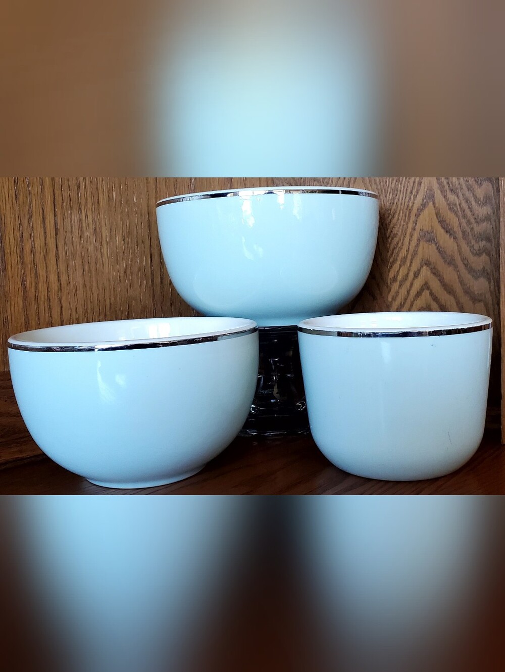 Vtg. Ballerina Mist ByUniversal Light Blue Ceramic Nesting Bowls w/ Silver Trim